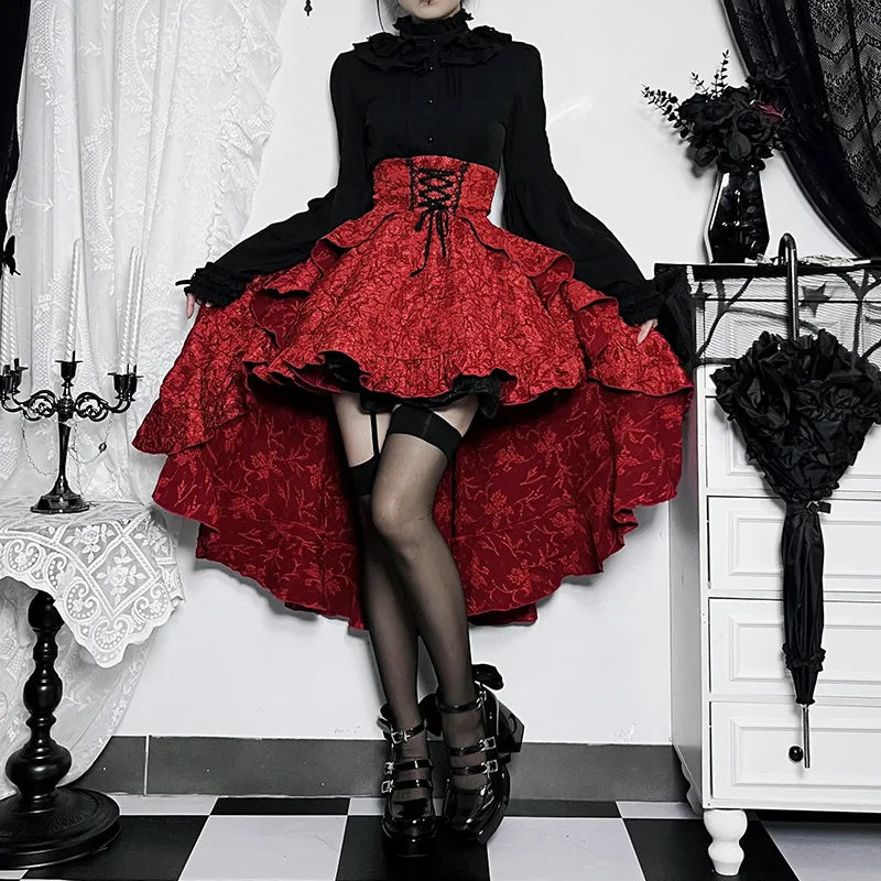 Mall Goth High Waist Swallowtail Women's SteamVintage Lace Up Asymmetrical High Low Skirt velvet skirt plush Mall Goth High Waist Swallowtail Women's SteamVintage Lace Up Asymmetrical High Low Skirt velvet skirt plush