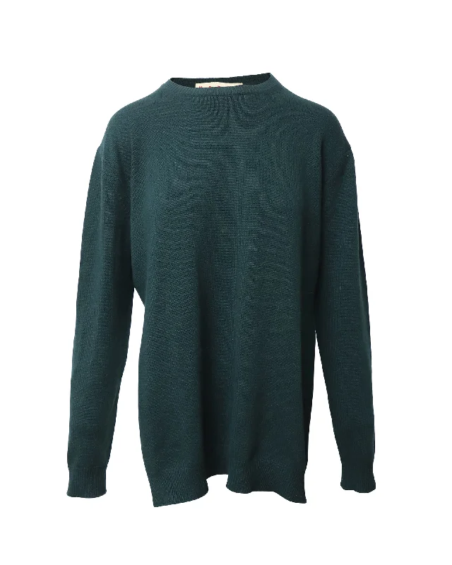 Marni Long Sleeve High Low Sweater in Green Wool Solid Print Embellished