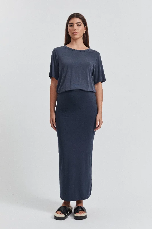 Fluid Jersey Maxi Skirt (Washed Navy) high waist skirt