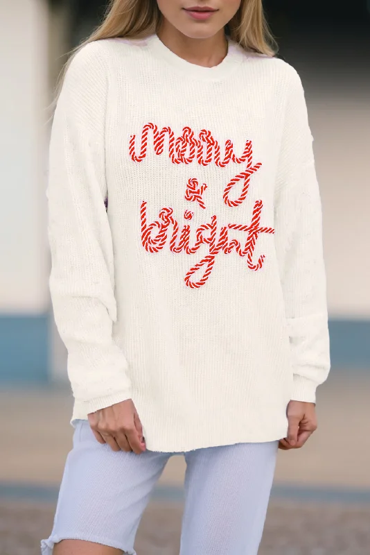 MERRY & BRIGHT Round Neck Sweater Striped Floral Plaid
