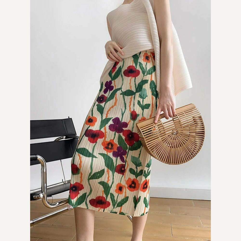 Miyake Pleats Flower Printed Skirt High Waist Slit Straight Women 2023 Spring Summer New Korean Fashion Causal Designer Clothes velvet skirt rich Miyake Pleats Flower Printed Skirt High Waist Slit Straight Women 2023 Spring Summer New Korean Fashion Causal Designer Clothes velvet skirt rich