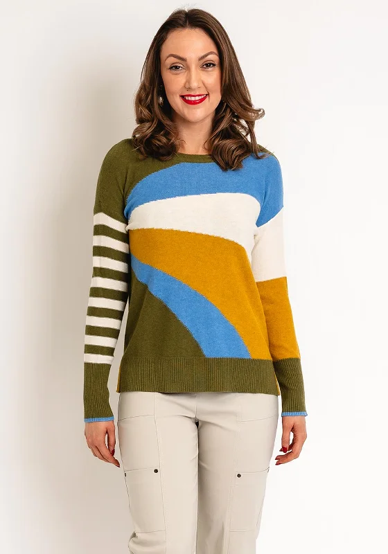 White Stuff Olive Abstract Stripe Jumper, Green Ribbed Striped Patterned