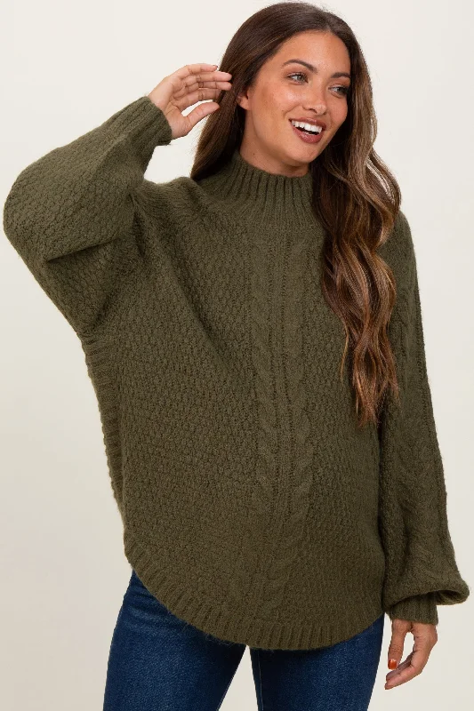Olive Mixed Chunky Cable Knit Mock Neck Maternity Sweater Satin Blend Silk Blend Wool Blend Olive Mixed Chunky Cable Knit Mock Neck Maternity Sweater Satin Blend Silk Blend Wool Blend