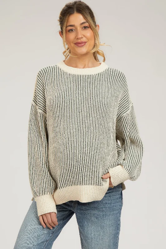 Olive Ribbed Balloon Sleeve Maternity Sweater Boxy Sweater Fitted Sweater A-Line