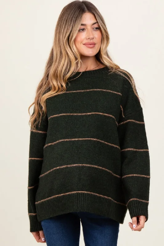 Olive Striped Drop Shoulder Maternity Sweater Zippered Buttoned Snapped