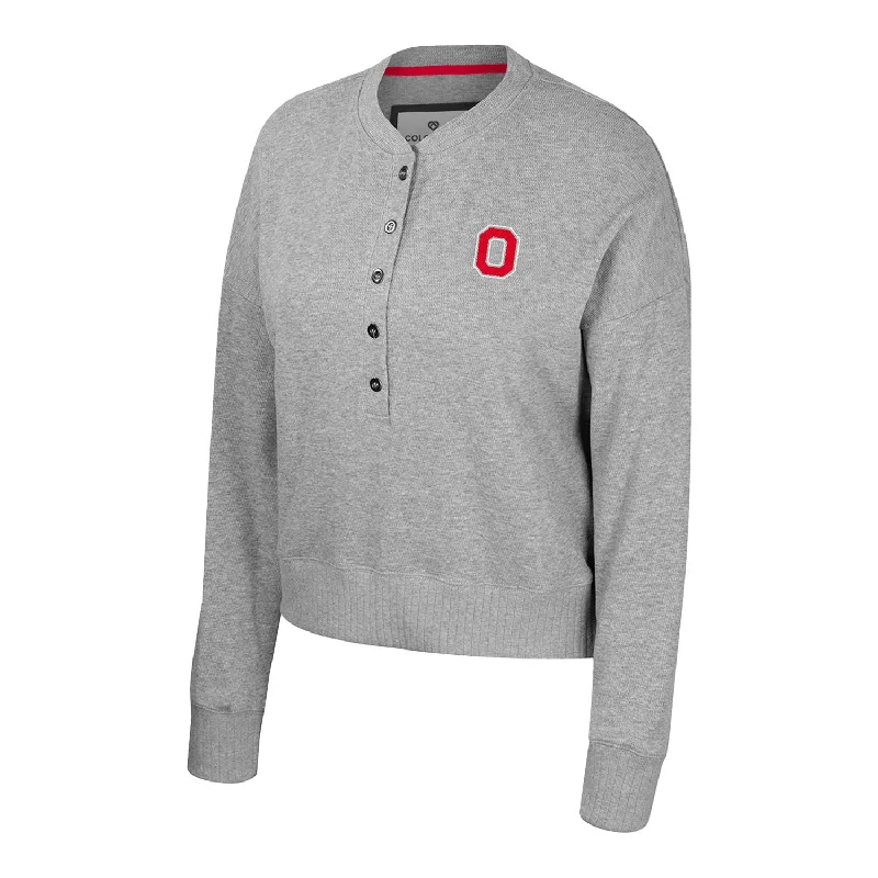 Ladies Ohio State Buckeyes Power Shortage Gray Henley Sweater Sweater Knitwear Pullover Ladies Ohio State Buckeyes Power Shortage Gray Henley Sweater Sweater Knitwear Pullover