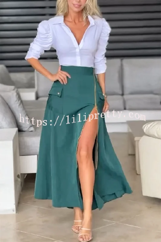 Perfect Shape Elastic Waist Zipper Detail Pocket Cargo Maxi Skirt linen skirt natural
