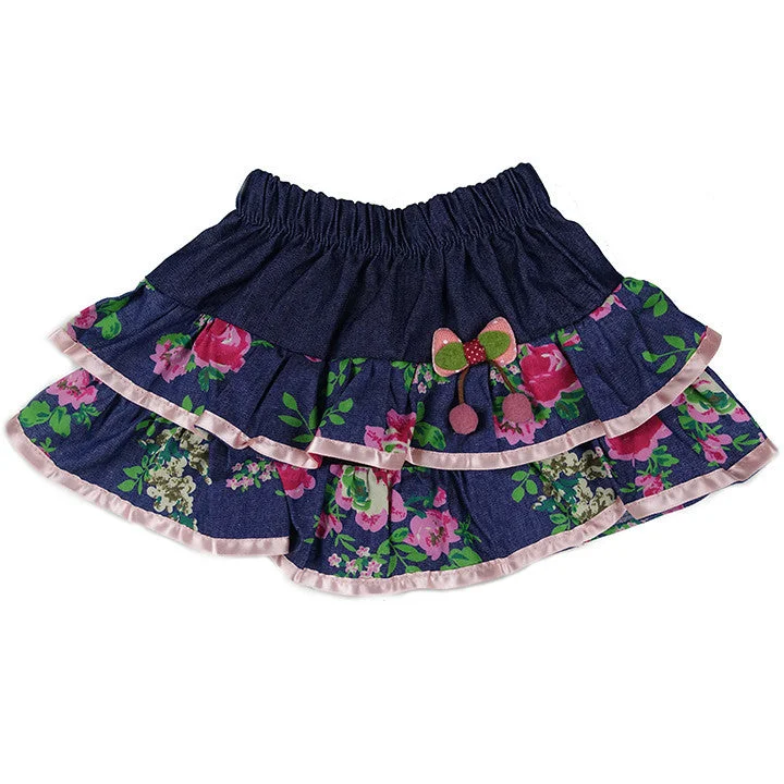 Pink Ribbon Trim Flower Denim Tutu Skirt velvet skirt sumptuous