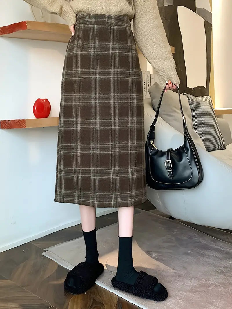 Plaid Print High Waist Wool Casual Split Midi Skirt silk skirt lustrous