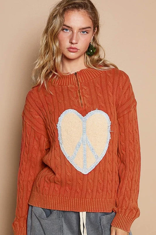 POL Cable-Knit Peace Patch Dropped Shoulder Sweater Terry Terry Cloth Terry Knit