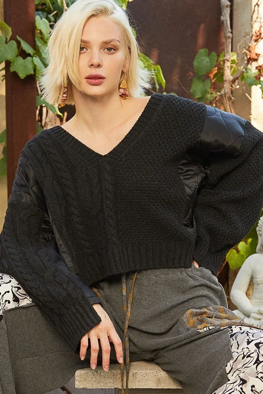 POL Cable Knit Quilting Patch V-Neck Sweater Transparent Opaque Sheer