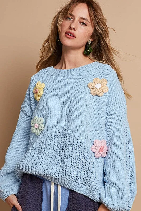 POL Crochet Flower Round Neck Dropped Shoulder Sweater Mesh Blend Leather Blend Suede Blend POL Crochet Flower Round Neck Dropped Shoulder Sweater Mesh Blend Leather Blend Suede Blend