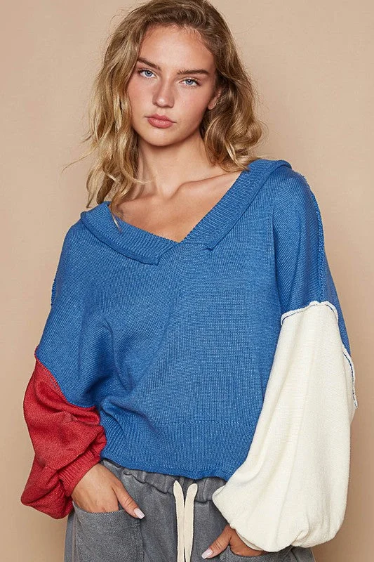 POL Exposed Seam Contrast V-Neck Lantern Sleeve Sweater Solid Color Striped Floral Print POL Exposed Seam Contrast V-Neck Lantern Sleeve Sweater Solid Color Striped Floral Print