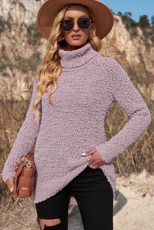 Popcorn Knit Turtleneck Sweater Satin Blend Silk Blend Wool Blend