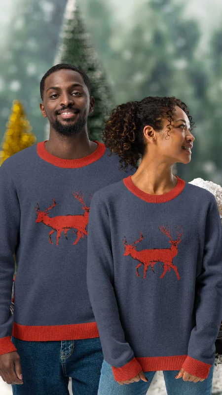 Reindeer Blue Christmas Knitted Crew Neck Sweater Ribbed Striped Patterned