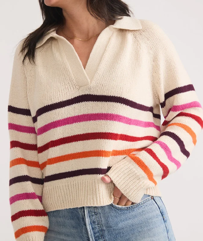 Marine Layer Relaxed Polo Sweater Warm Stripe Cable Knit Ribbed Knit Lace Knit