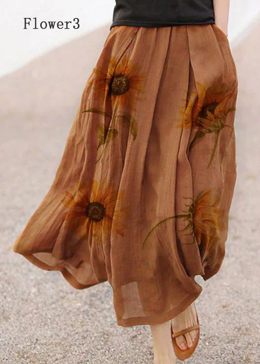 Retro Chocolate-Flower3 Print Pockets Linen Skirt Summer cotton skirt soft
