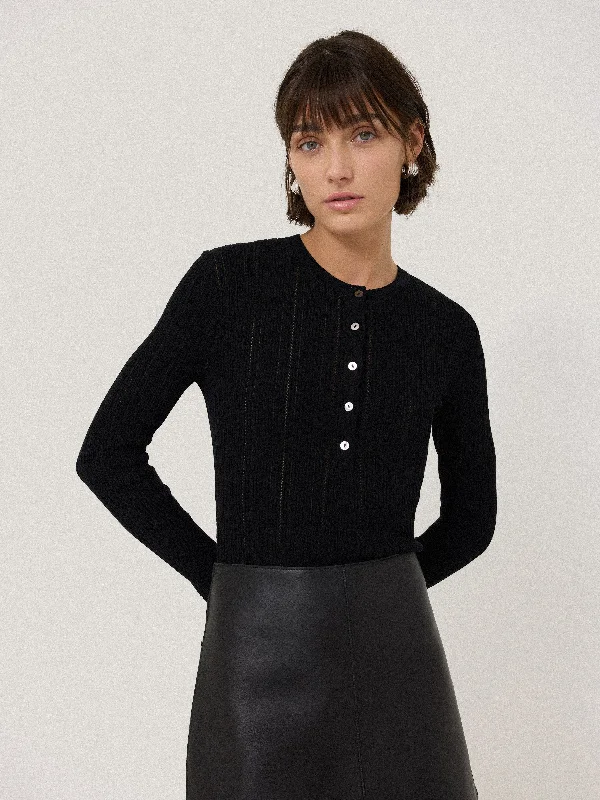 Rib Pointelle Henley Jumper | Black Turtle Neck Boat Neck Asymmetrical Neck