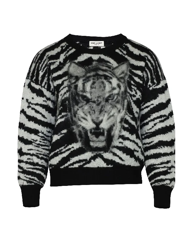Saint Laurent Tiger Intarsia Jumper in Black Mohair Print Jacquard Patchwork
