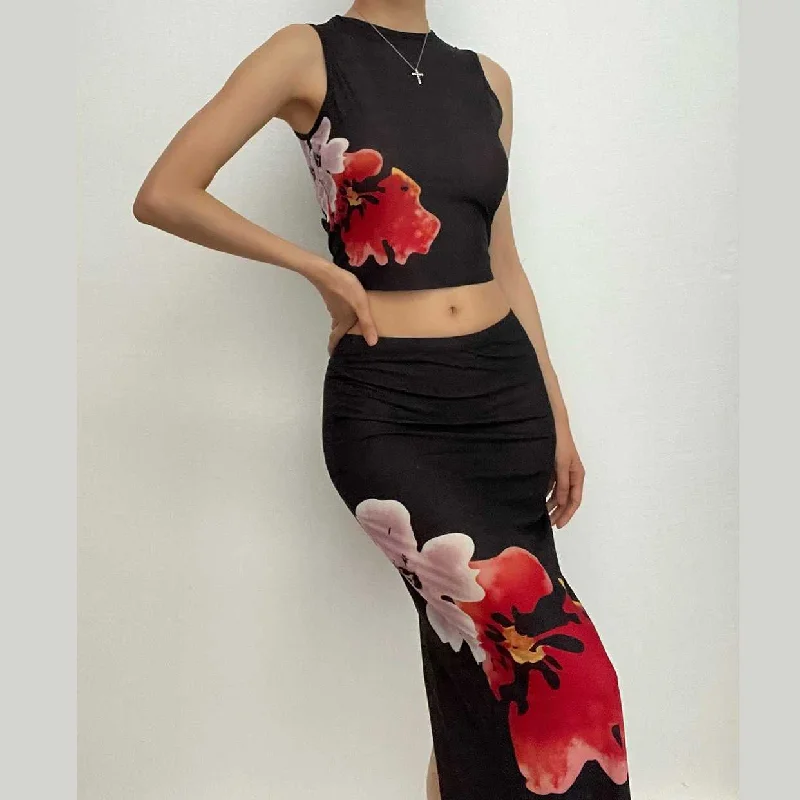 Sheer mesh see through slit flower pattern contrast sleeveless midi skirt set elastic waist skirt