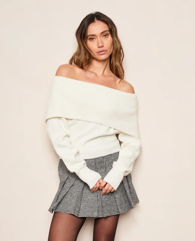 Shona Sweater- Ivory Houndstooth Herringbone Solid