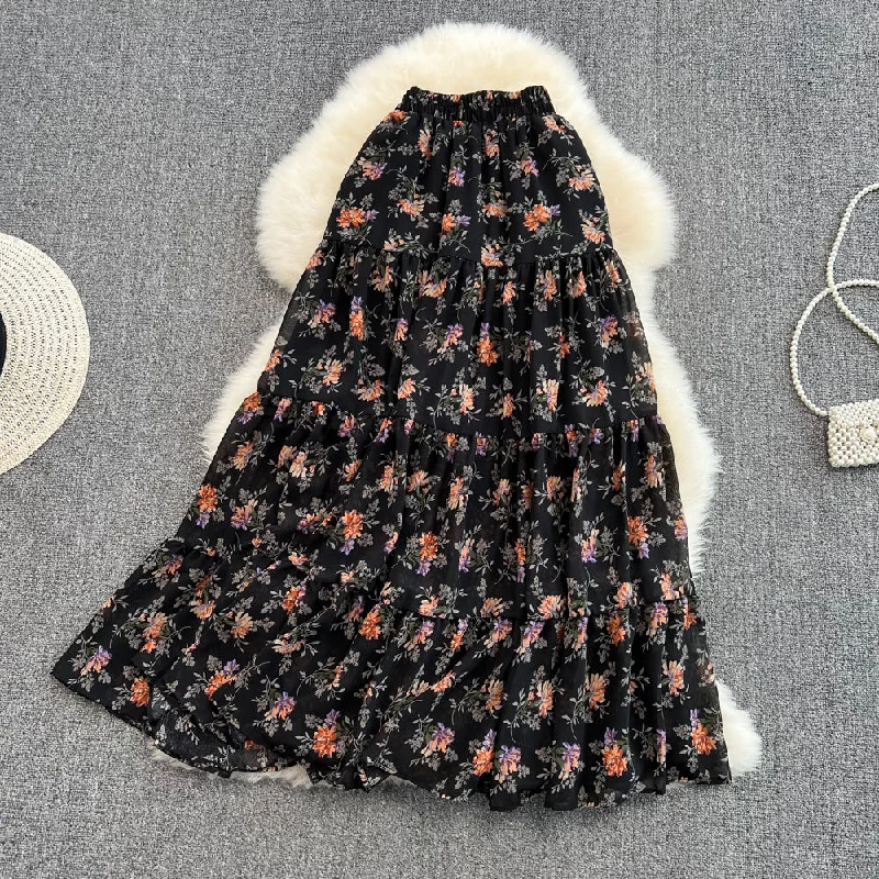 Small fresh high waist thin medium long floral skirt  11290 cashmere skirt fine