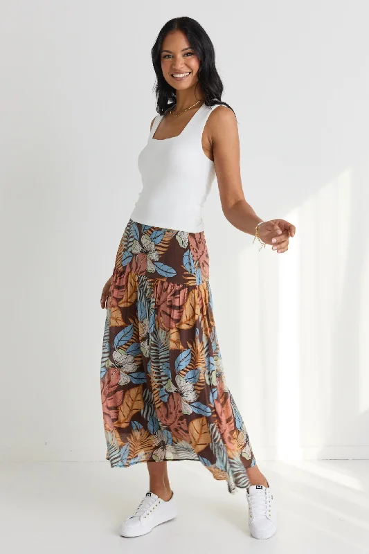Sway Tropical Chocolate Print Flat Basque Midi Skirt silk skirt luxurious