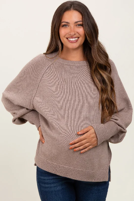 Taupe Bubble Sleeve Maternity Sweater Zippered Buttoned Snapped