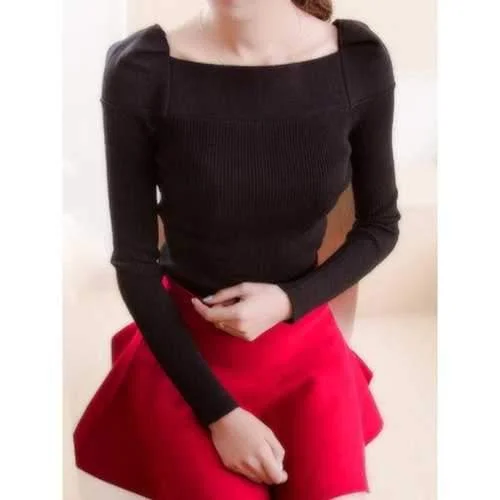Brief Square Neck Long Sleeves Solid Color Sweater For Women - Black S Front Pockets Side Pockets Patch Pockets Brief Square Neck Long Sleeves Solid Color Sweater For Women - Black S Front Pockets Side Pockets Patch Pockets