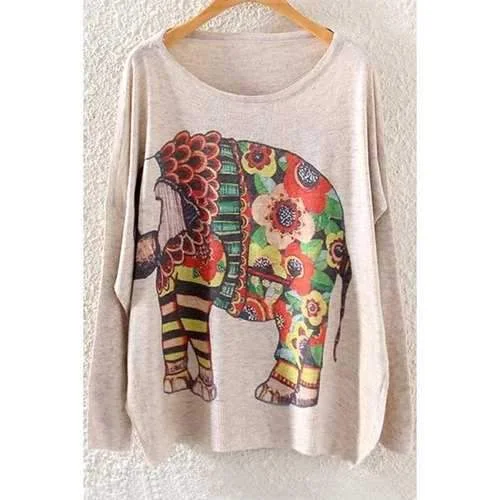 Fashionable Scoop Neck Colorful Elephant Print Long Sleeve Sweater For Women - Off-white One Size(fit Size Xs To M) Soft Cozy Warm Fashionable Scoop Neck Colorful Elephant Print Long Sleeve Sweater For Women - Off-white One Size(fit Size Xs To M) Soft Cozy Warm