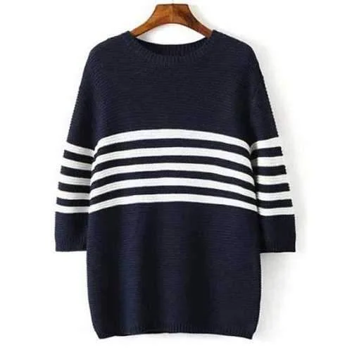 Preppy Style Round Neck Striped 3/4 Sleeve Sweater For Women - Cadetblue S Terry Blend Velvet Blend Canvas Blend
