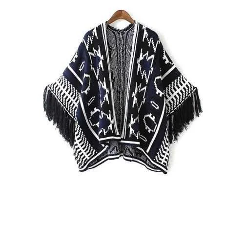 Stylish Open Front Wide Sleeve Jacquard Tassels Spliced Women's Cape Sweater - Blue One Size(fit Size Xs To M) Transparent Opaque Sheer Stylish Open Front Wide Sleeve Jacquard Tassels Spliced Women's Cape Sweater - Blue One Size(fit Size Xs To M) Transparent Opaque Sheer