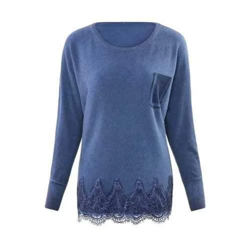Casual Round Neck Long Sleeve Lace Hem Patchwork Pocket Women's Sweater - Purplish Blue One Size(fit Size Xs To M) Mesh Sweater Canvas Denim Casual Round Neck Long Sleeve Lace Hem Patchwork Pocket Women's Sweater - Purplish Blue One Size(fit Size Xs To M) Mesh Sweater Canvas Denim