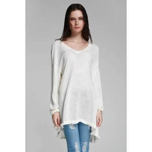 Sweet V Neck Long Sleeve Cut Out Women's Sweater - White L Solid Color Striped Floral Print Sweet V Neck Long Sleeve Cut Out Women's Sweater - White L Solid Color Striped Floral Print