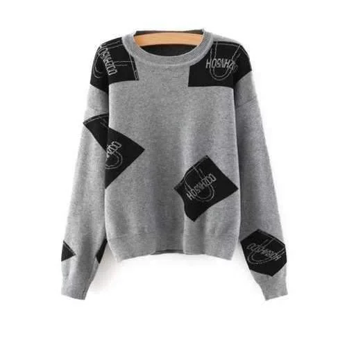 Stylish Round Neck Long Sleeves Color Block Letter Print Women's Sweater - Gray One Size(fit Size Xs To M) Stretchy Elastic Breathable Stylish Round Neck Long Sleeves Color Block Letter Print Women's Sweater - Gray One Size(fit Size Xs To M) Stretchy Elastic Breathable