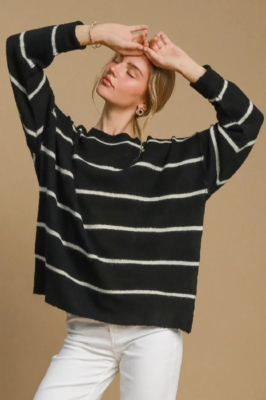 Umgee Wool Blend Striped Round Neck Sweater Bright Pastel Dark