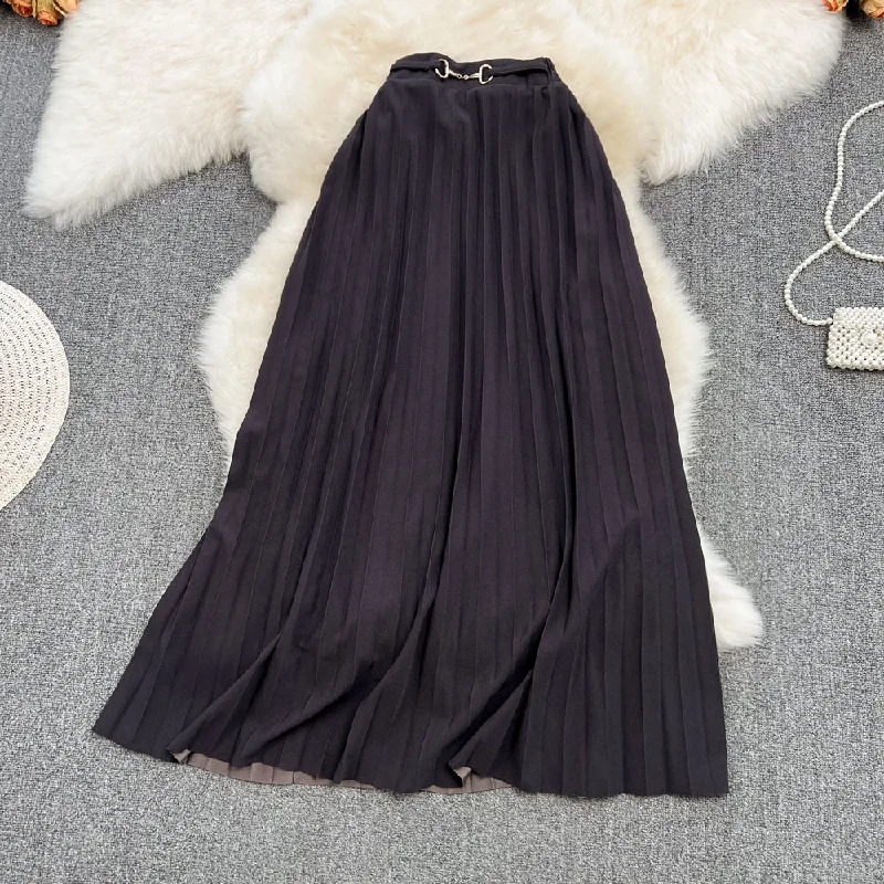 Versatile A-line pleated skirt, elastic waist, medium length, over Knee Skirt  11291 summer skirt style