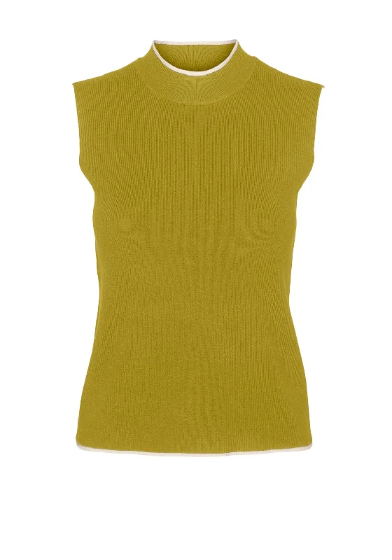 Vero Moda Flouncy Sleeveless Contrast Trim Knitted Sweater, Avocado Oil Hooded Sweater Collared Sweater Shawl Collar