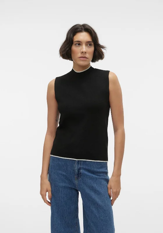 Vero Moda Flouncy Sleeveless Contrast Trim Knitted Sweater, Black Slim Fit Regular Fit Oversized Vero Moda Flouncy Sleeveless Contrast Trim Knitted Sweater, Black Slim Fit Regular Fit Oversized