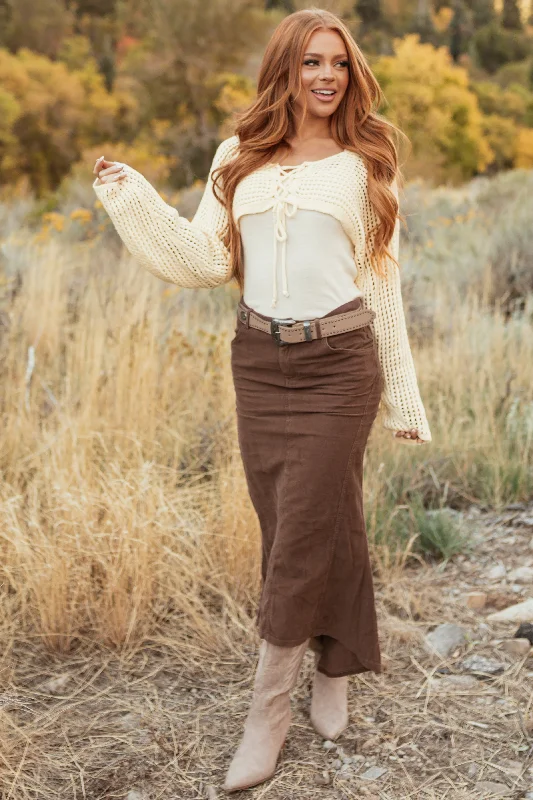 Walnut Corduroy Zip Up Flared Midi Skirt velvet skirt sumptuous