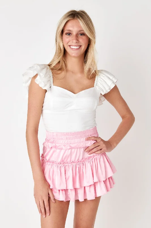 Willow Satin Mini Skirt Peony Pink zip skirt side