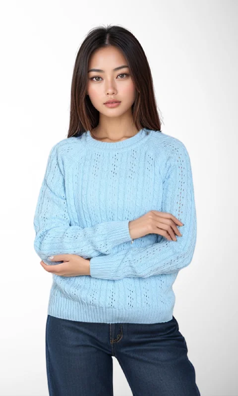 Women Round Neck Sweater (Baby Blue) Mesh Fabric Canvas Fabric Denim Fabric