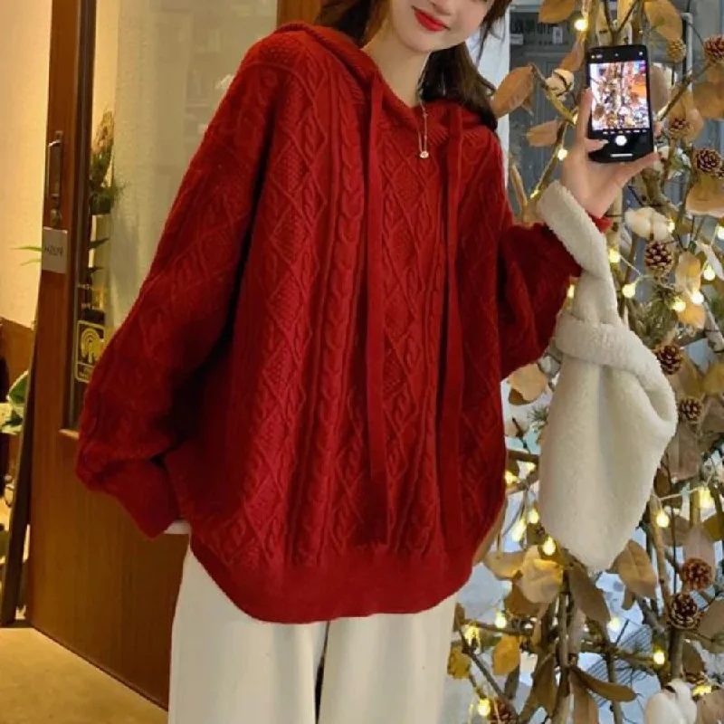 Womens Cable Knit Sweater With Hood Front Pockets Side Pockets Patch Pockets