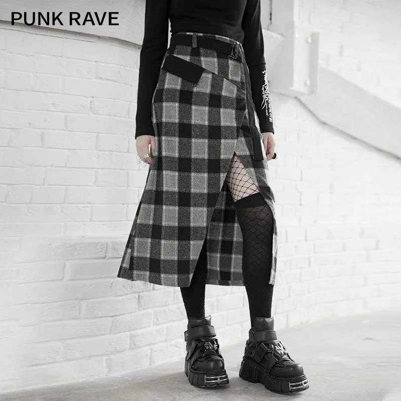 Women's Gothic High-waisted Plaid Slit Long Skirts silk skirt sleek