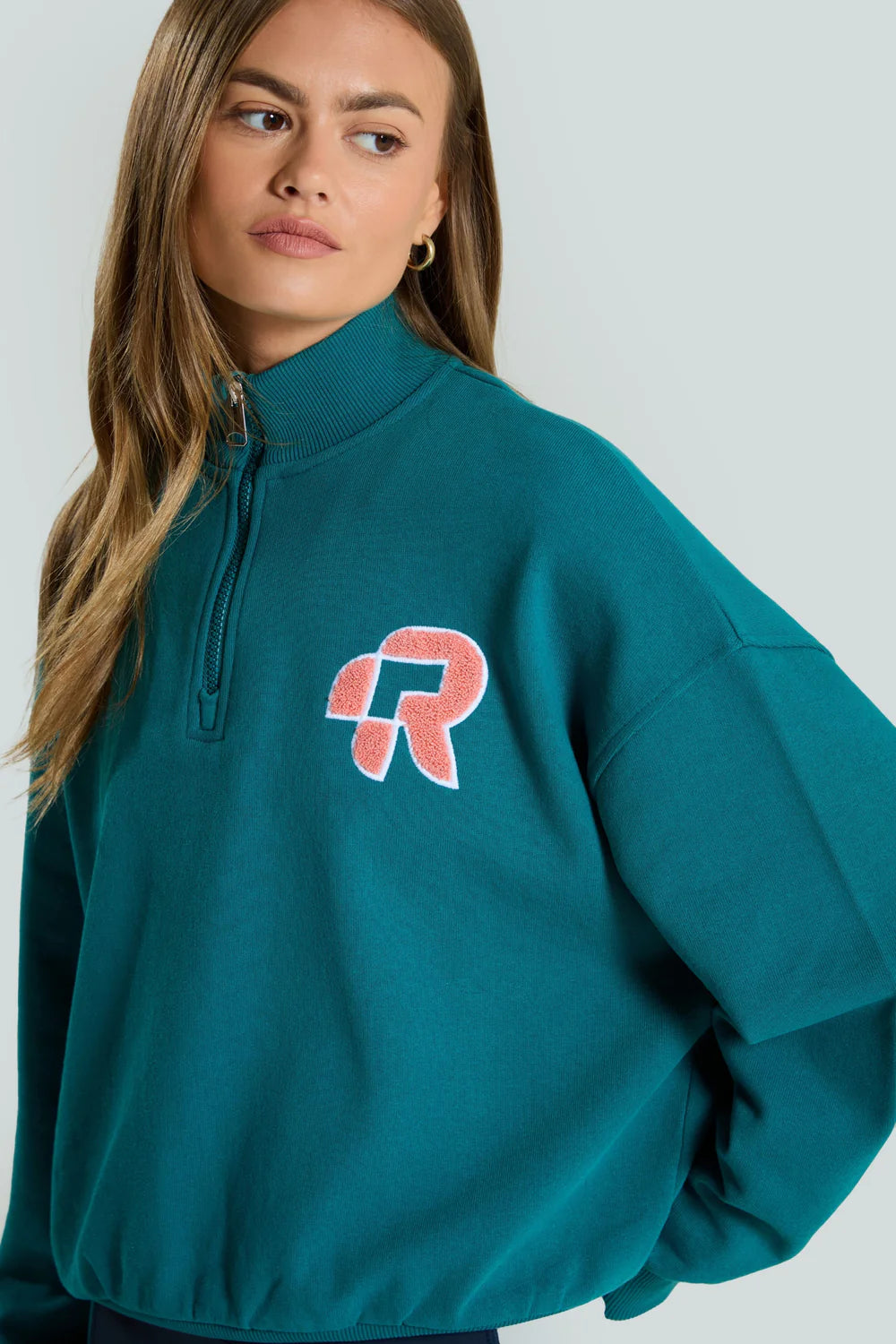 Women's Red Run Activewear 1/4 Zip Sweater in Turquoise Ribbed Striped Patterned