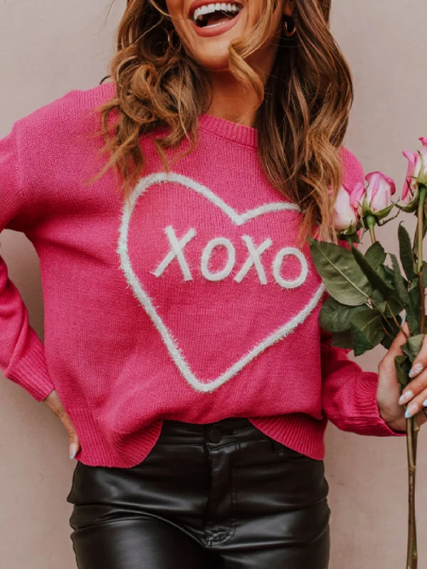 XOXO Round Neck Drop Shoulder Sweater Solid Color Striped Floral Print