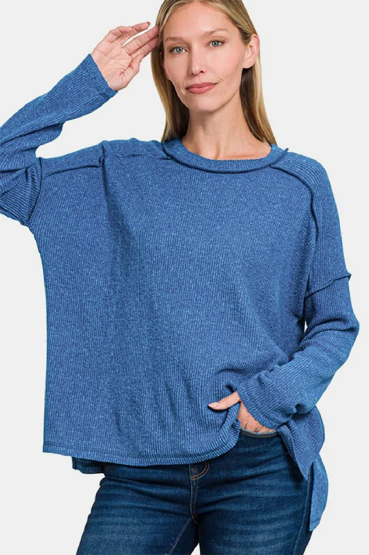 Zenana Full Size Exposed Seam Brushed Round Neck Sweater Mesh Blend Leather Blend Suede Blend Zenana Full Size Exposed Seam Brushed Round Neck Sweater Mesh Blend Leather Blend Suede Blend
